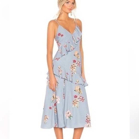 Keepsake midi dress with ruffles size L in Blue Scatter Floral - Picture 2 of 7